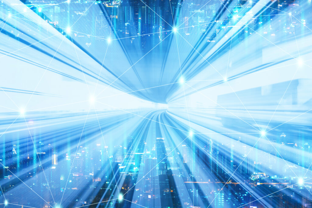 Smart network concept, Graphic of futuristic network web and cable against motion blur background