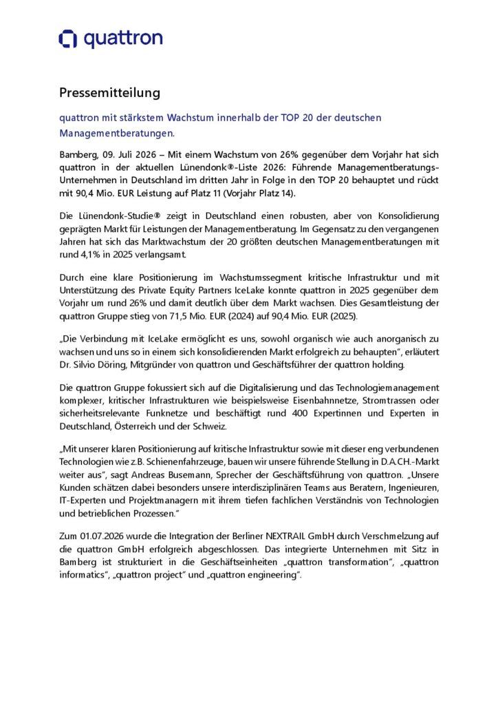 quattron in der aktuellen Lünendonk®-Liste 2026: Führende Managementberatungs-Unternehmen in Deutschland.