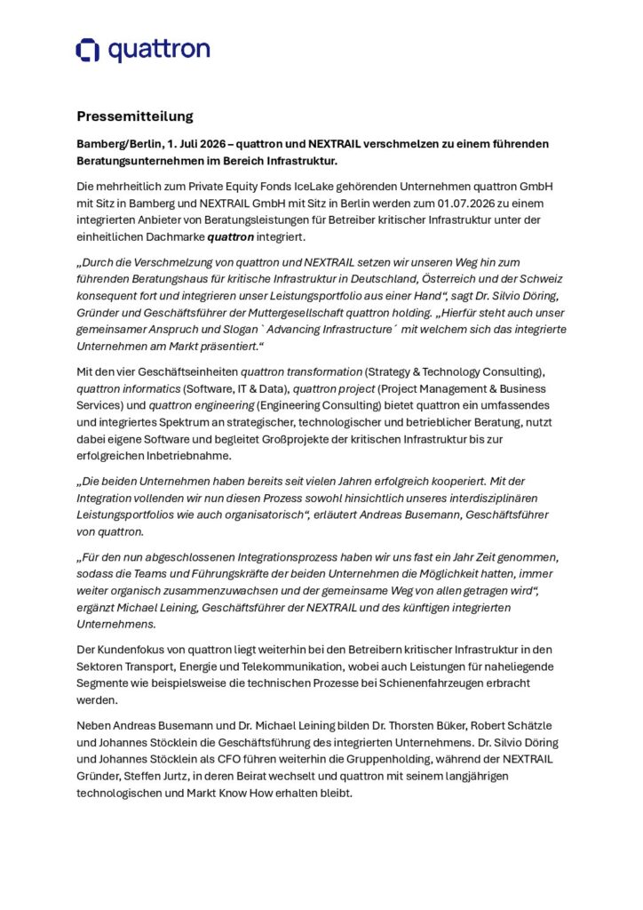 quattron und NEXTRAIL verschmelzen zu einem führenden Beratungsunternehmen.