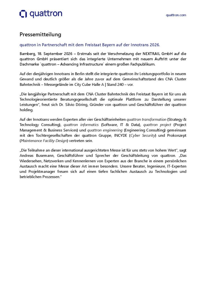 quattron in Partnerschaft mit dem Freistaat Bayern auf der Innotrans 2026.
